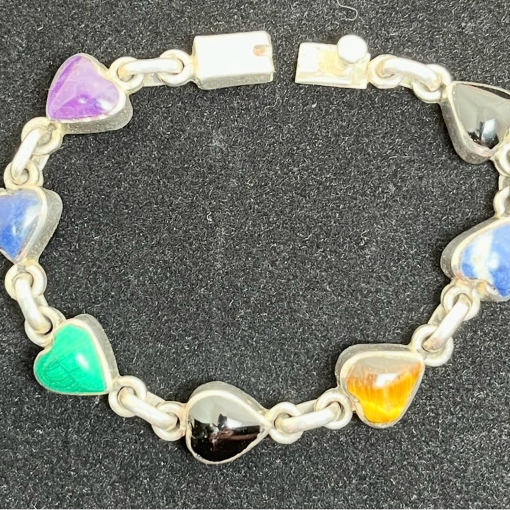 Vintage Taxco 7 Inch Heart Shaped Multi Stone Sterling Silver Bracelet - Picture 5 of 9